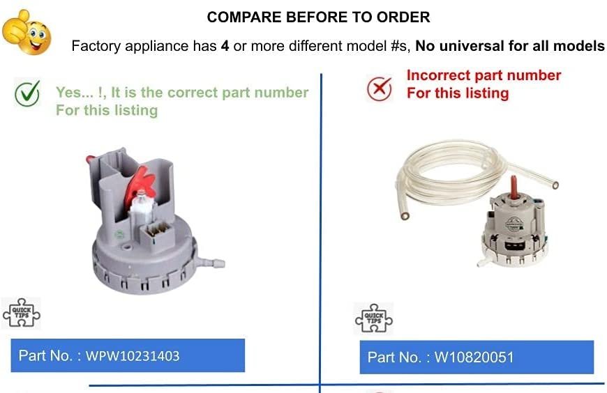 GlobPro WPW10231403 Water Level Pressure Switch Replacement for and compatible with Whirlpool Kenmore Estate Heavy DUTY