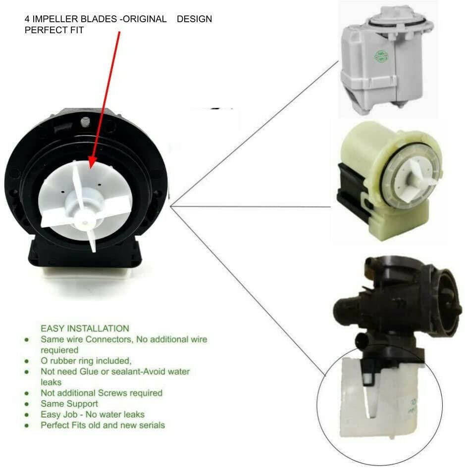 GLOB PRO SOLUTIONS 8181684 CKD2066 Washer Pump Motor Ken. Elite HE3T HE4T HE5T - Incl 4 blades Impeller Replacement for and compatible with Whirlpool Kenmore KitchenAid Heavy DUTY