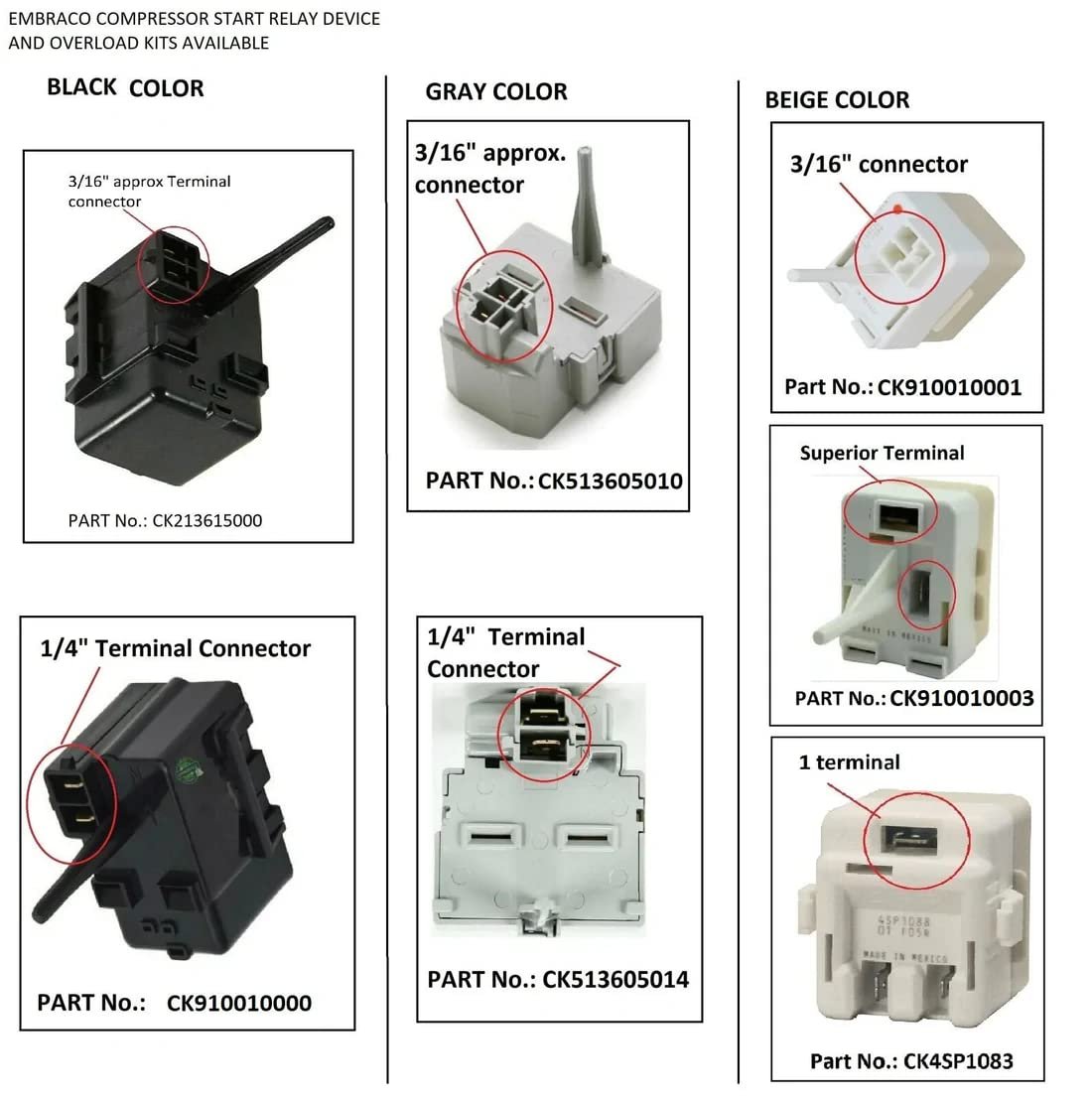 GLOB PRO SOLUTIONS 513605014 Embraco TSD2 Refrigerator Compressor Start Relay & Capacitor CK513605014 1/4 Terminal Compatible with Heavy Duty