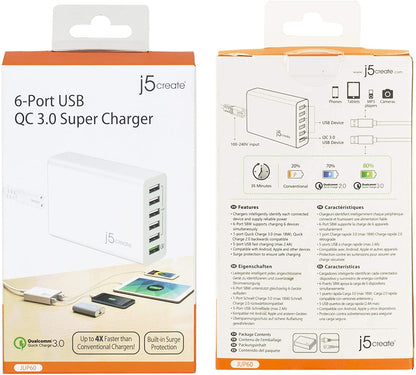 j5create USB Hub Powered Wall Charger- 6 Multi Port Charging Station for Multiple Devices | Quick Charge 3.0 USB Power Strip Desktop Charger Block Adapter for Office, Home or Travel