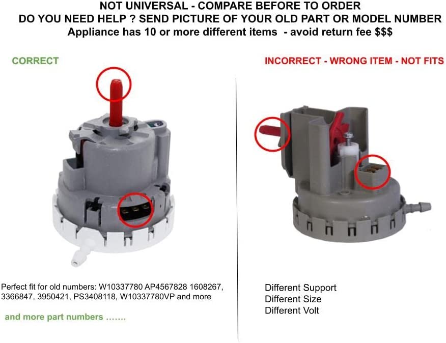 GLOB PRO SOLUTIONS 1608267 1608267 3366847 3950421 CKD2681 Washer Pressure Switch 3" ½ Length Approx. Replacement for and compatible with Whirlpool KitchenAid Roper Kenmore Heavy DUTY