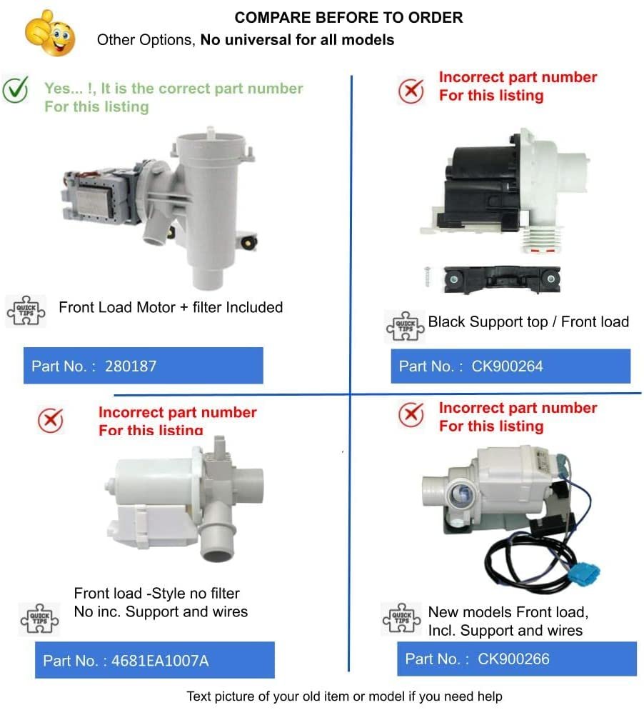 GlobPro 280187 Washer Drain Pump 11" length Approx. Replacement for and compatible with Whirlpool Kenmore Maytag KitchenAid Heavy DUTY