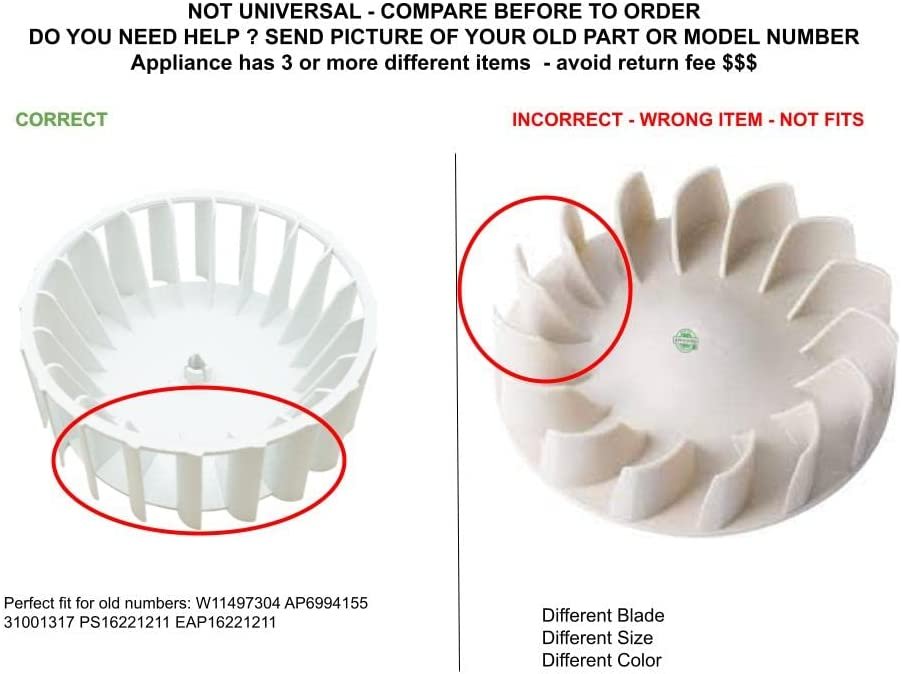 GLOB PRO SOLUTIONS W11497304 CKD2623 Dryer Blower Wheel 8" ½ Length Approx. Replacement for and compatible with Maytag Admiral Jenn-Air Amana Heavy DUTY