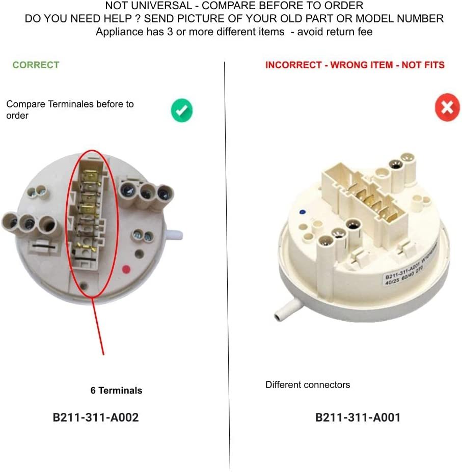 GLOB PRO SOLUTIONS B211 311 A002 CKD2287 *ORIGINAL CONNECTOR** - Washer Water Pressure Switch Fits old numbers B211-311-A001-W10163980, R2-747, 85-402-24 Heavy DUTY