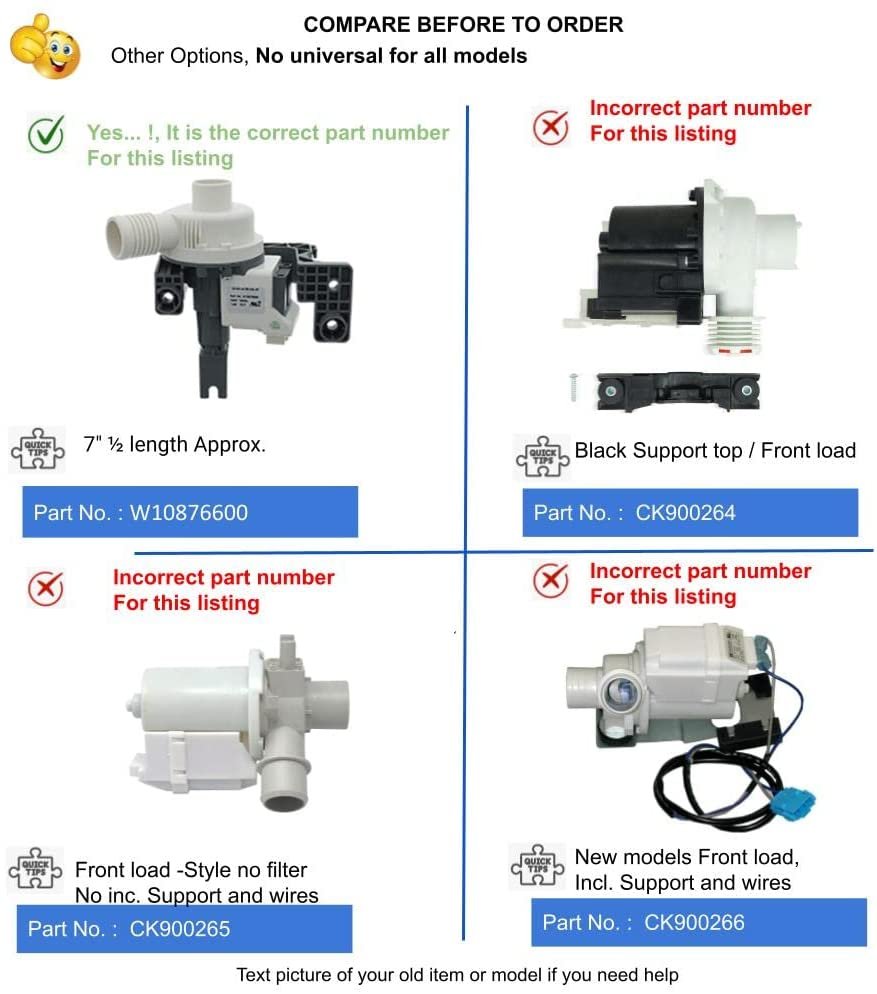 GlobPro W10876600 Washer Water Drain Pump 7" ½ length Approx. Replacement for and compatible with Kenmore Maytag Whirlpool Heavy DUTY