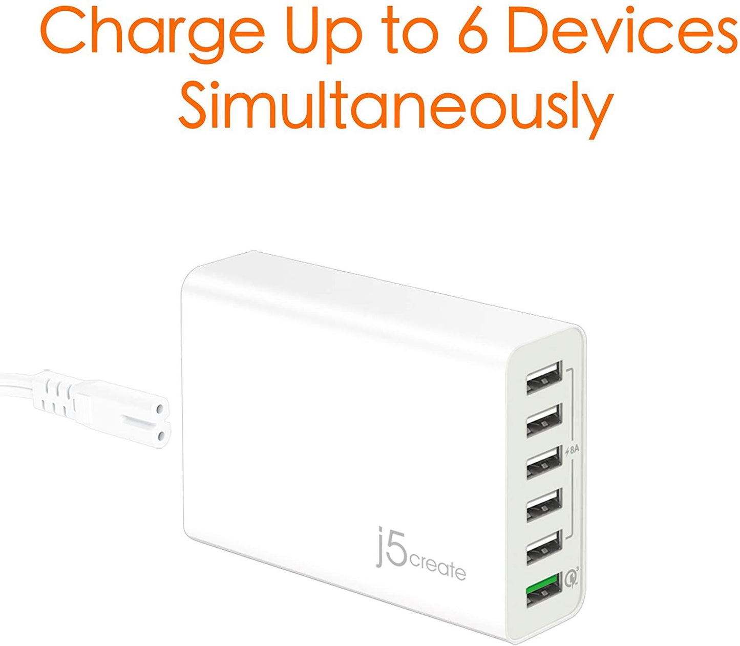 j5create USB Hub Powered Wall Charger- 6 Multi Port Charging Station for Multiple Devices | Quick Charge 3.0 USB Power Strip Desktop Charger Block Adapter for Office, Home or Travel