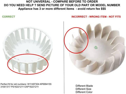 GLOB PRO SOLUTIONS 31001317 4959841 CKD2625 CKD2623 Dryer Blower Wheel 8" ½ Length Approx. Replacement for and compatible with Maytag Admiral Jenn-Air Amana Heavy DUTY
