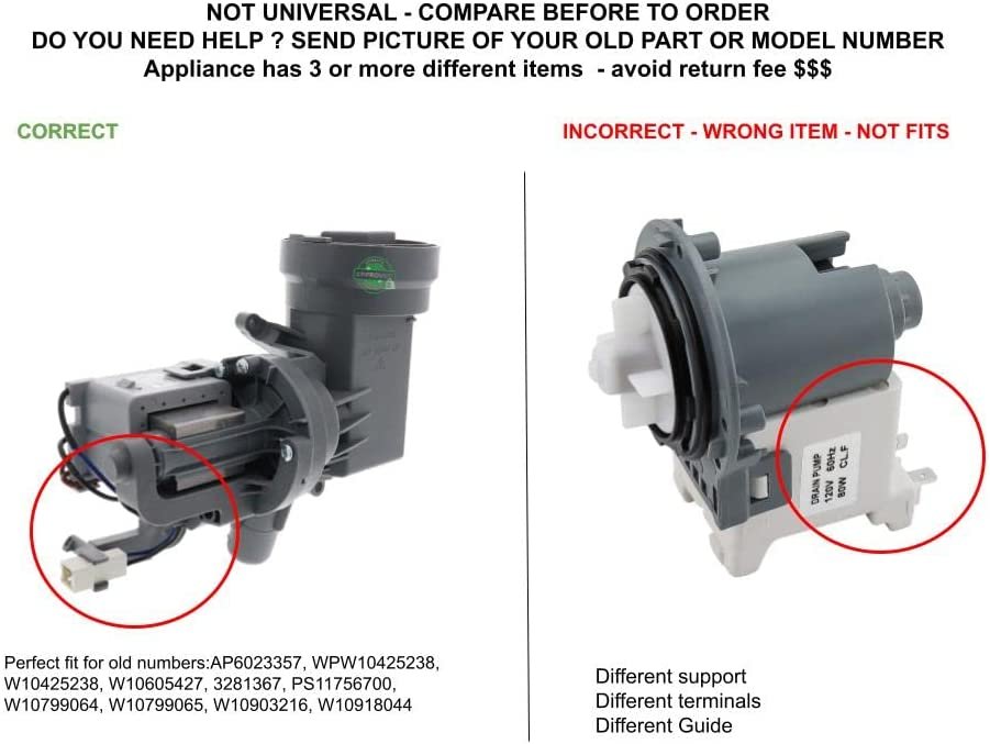 GLOB PRO SOLUTIONS WPW10605427 CKD2119 Washer Drain Pump Assembly Replacement for and compatible with Heavy DUTY