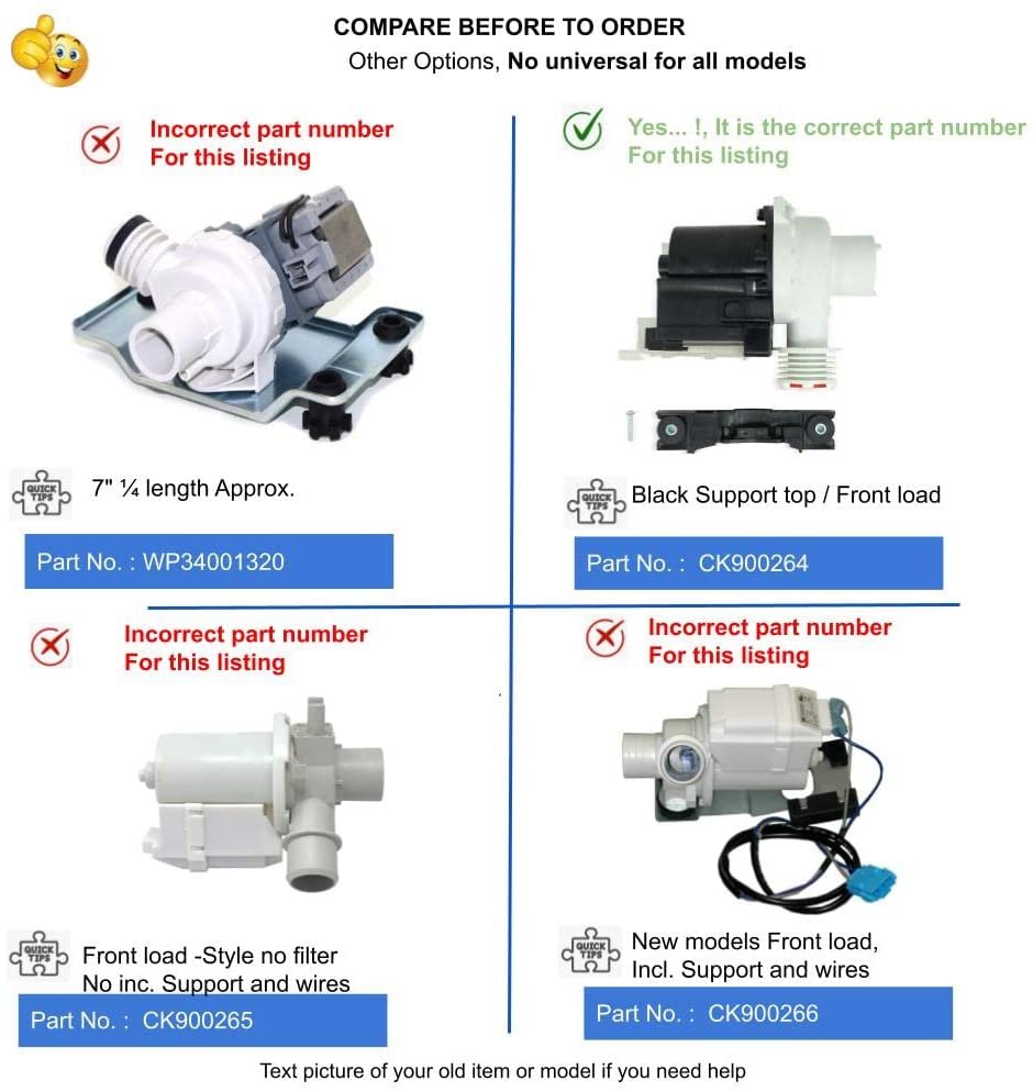 GlobPro WP34001320 Washer Complete Drain Pump Assembly 7" ¼ length Approx. Heavy DUTY